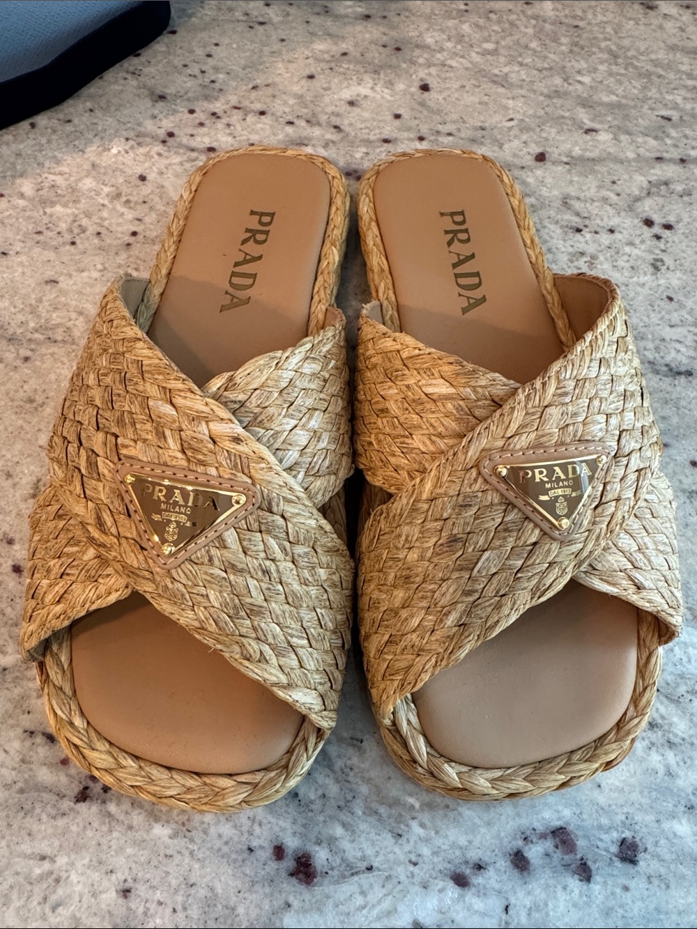 Prada Natural Raffia Crisscross Slide Sandals with Gold Logo